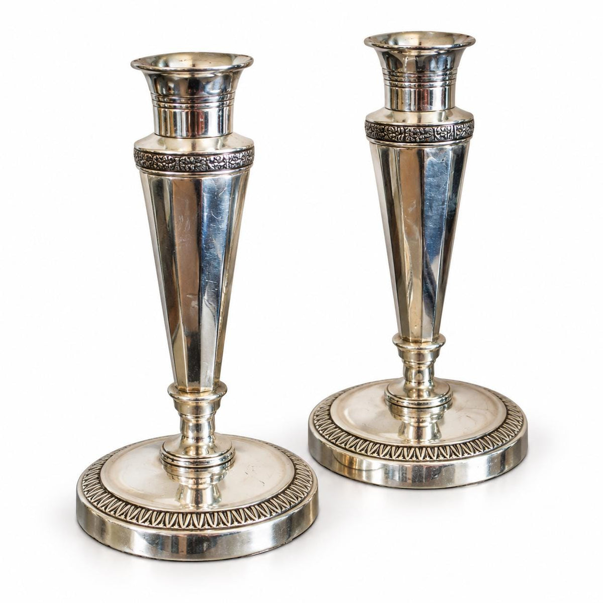 Pair of French Silver-Plated Empire Style Candlesticks, Palmette and Fluted Column — France, Early 20th Century
