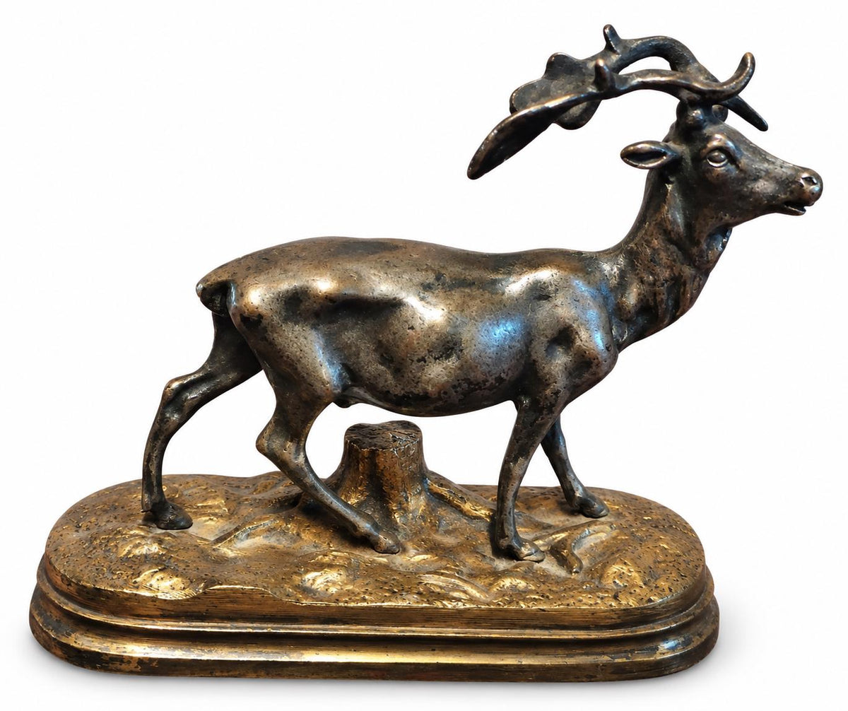 Antique Bronze Fallow Deer Sculpture, Silvered Figure on Gilt Bronze Base — French Animalier School, Late 19th Century