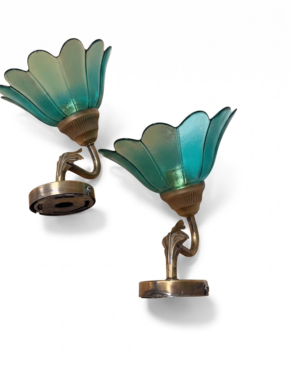 Pair of French Vintage Brass Wall Sconces, Teal Green Glass Flower Shades — France, Mid-20th Century