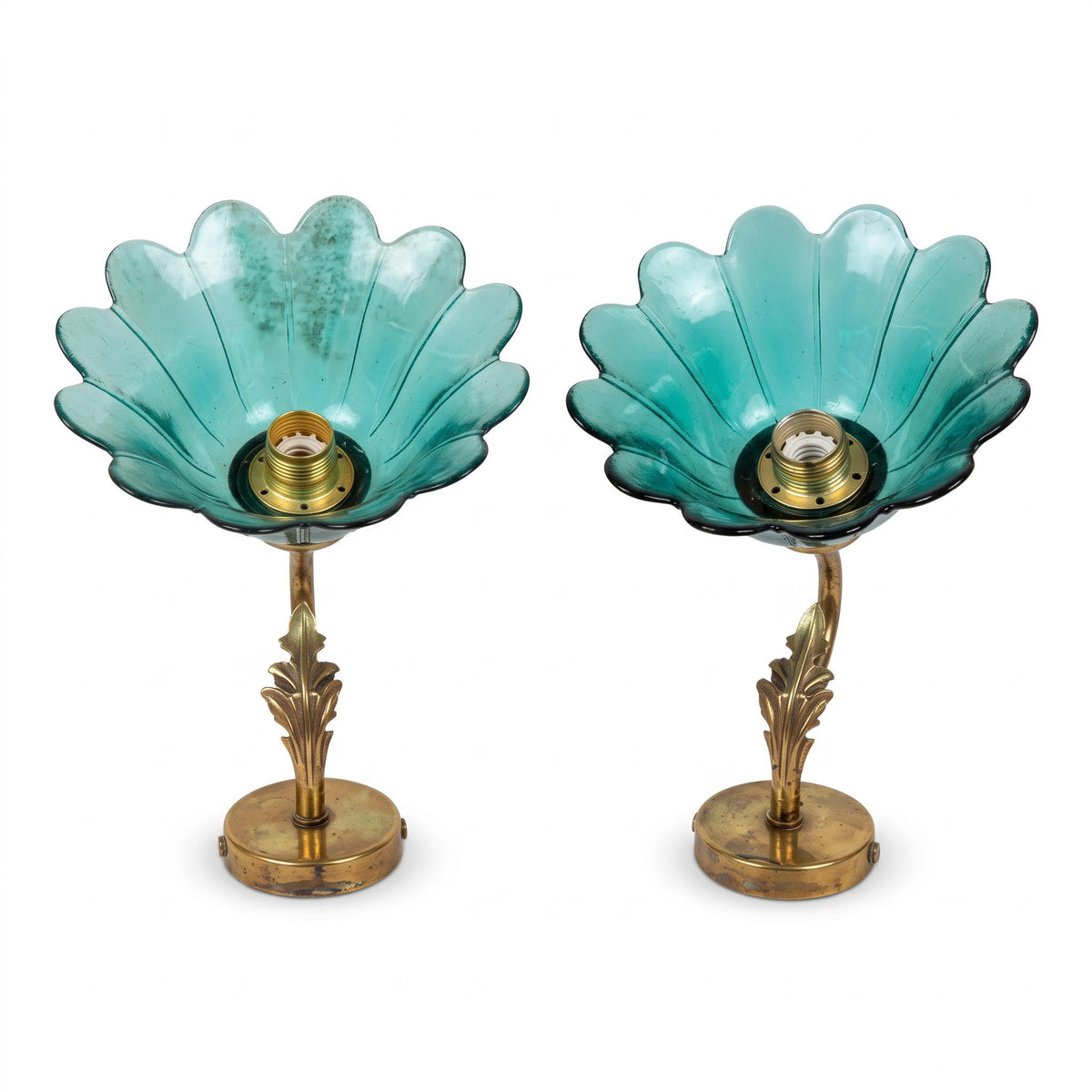 Pair of French Vintage Brass Wall Sconces, Teal Green Glass Flower Shades — France, Mid-20th Century