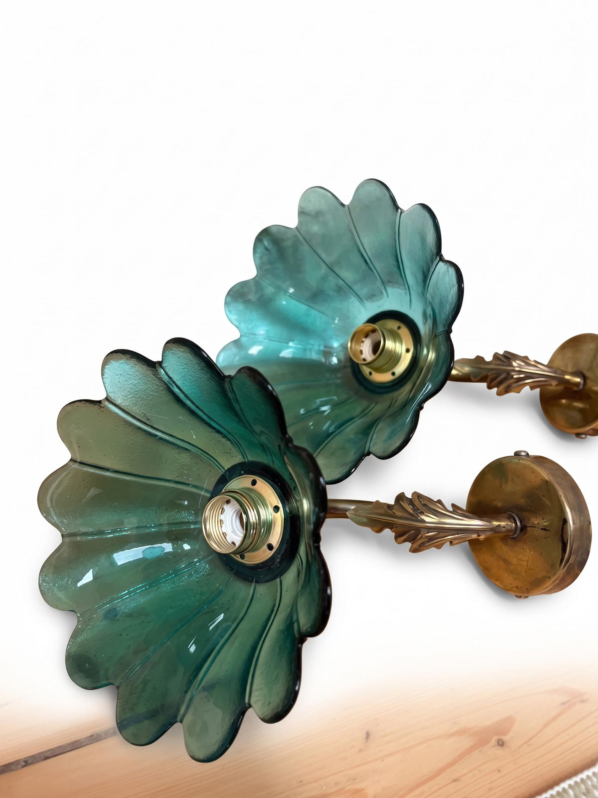 Pair of French Vintage Brass Wall Sconces, Teal Green Glass Flower Shades — France, Mid-20th Century