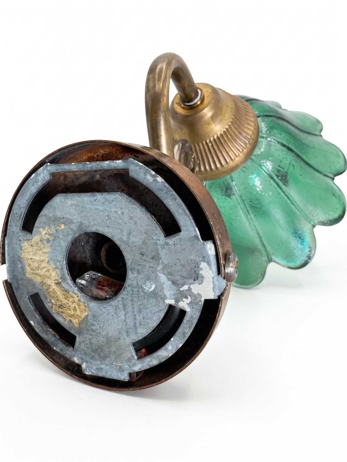 Pair of French Vintage Brass Wall Sconces, Teal Green Glass Flower Shades — France, Mid-20th Century