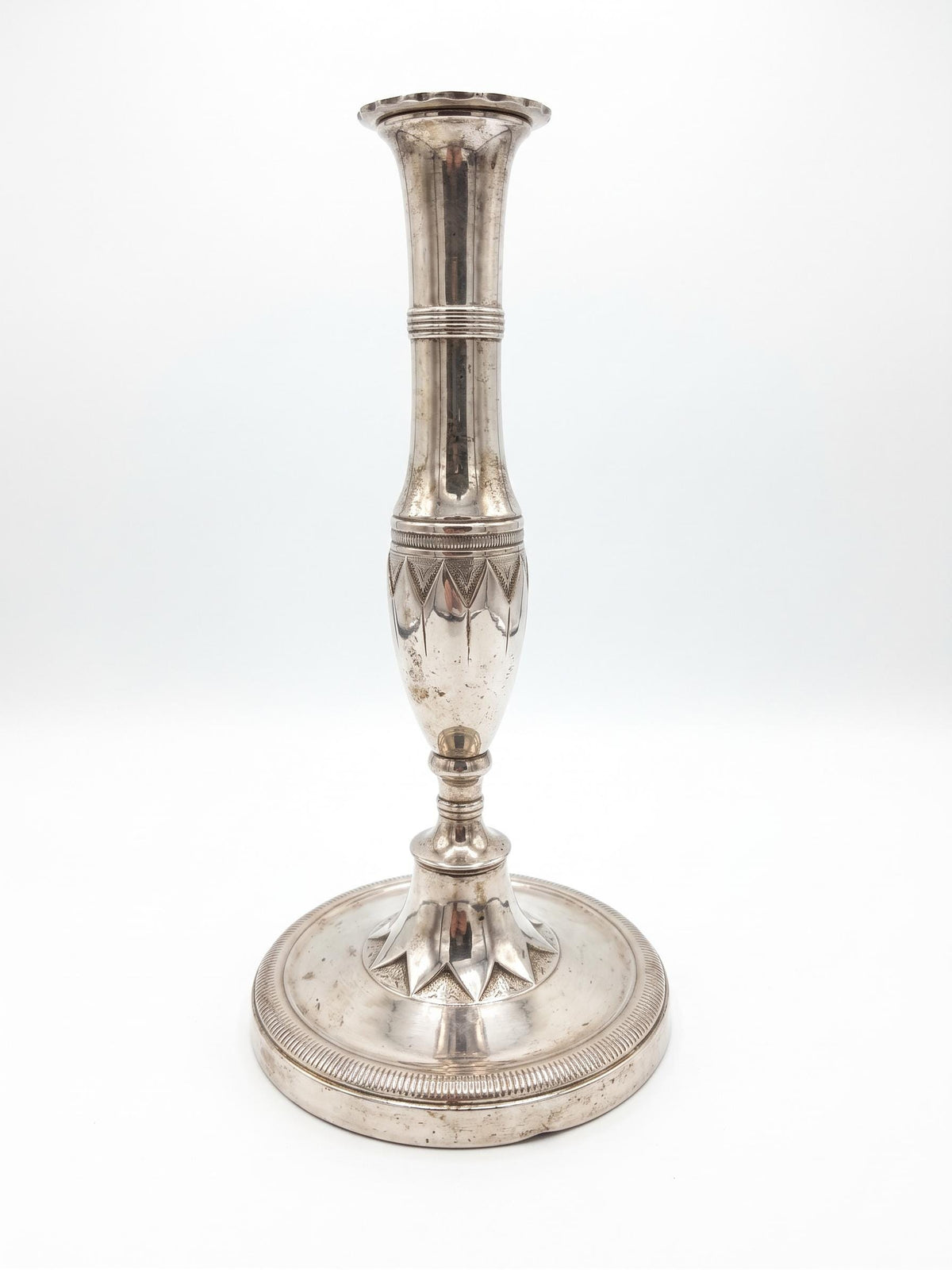 Antique French Art Deco Silver-Plated Candlestick, Geometric and Gadroon Ornament — France, circa 1930
