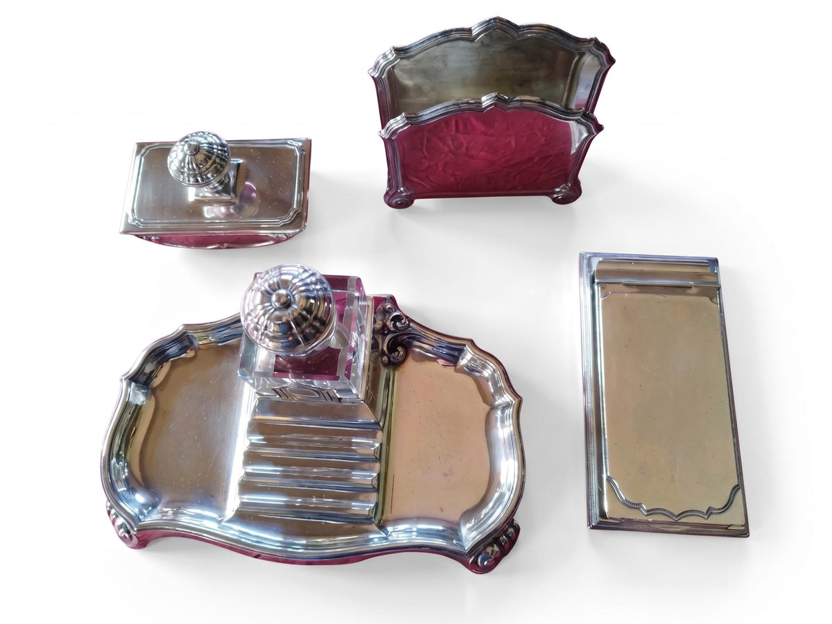 Antique French Silver-Plated Four-Piece Desk Set, Inkstand, Letter Rack, Blotter and Notepad Holder — France, Early 20th Century