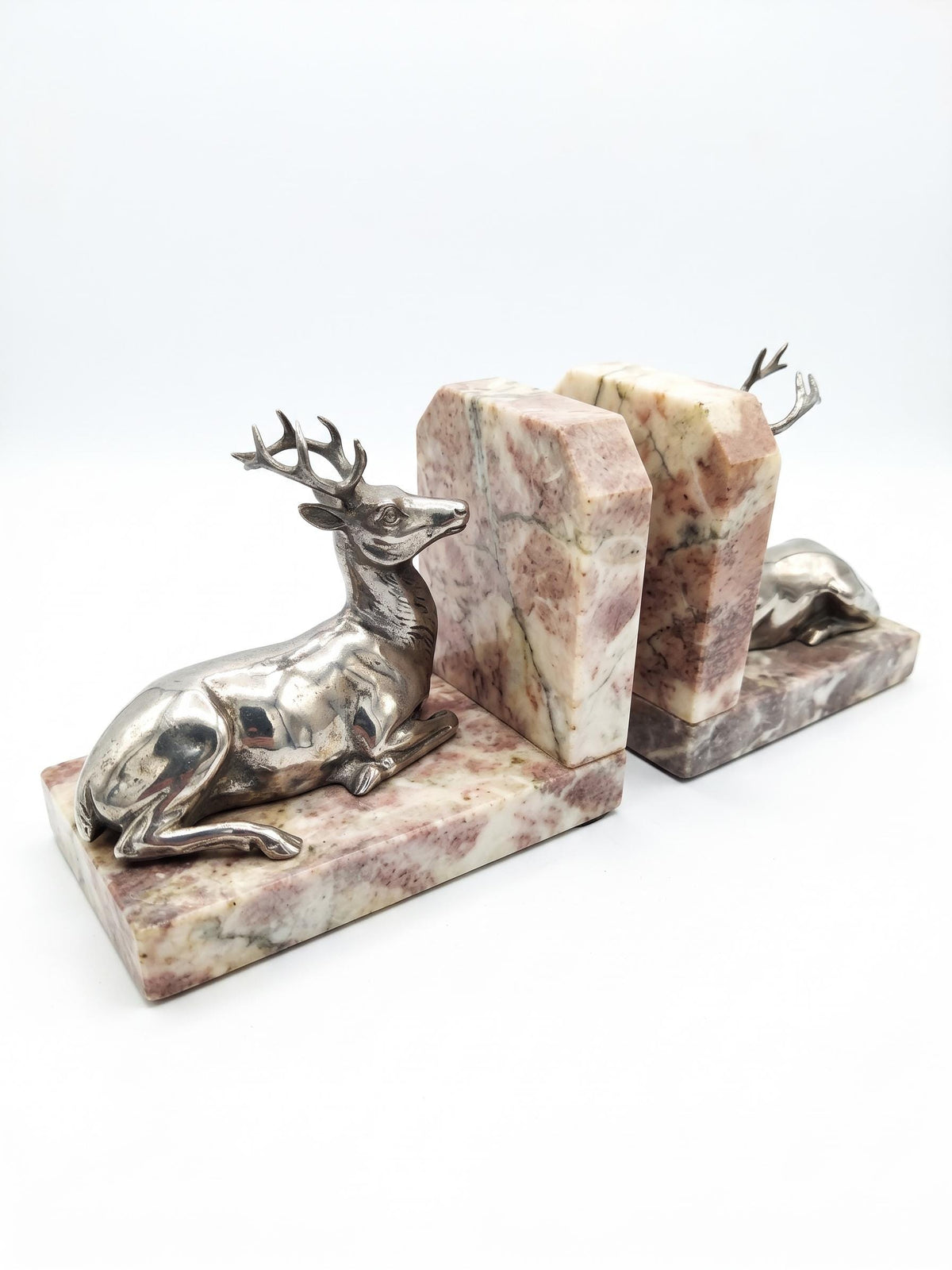 Antique French Silvered Bronze Stag Bookends on Marble Bases — French Animalier School, Early 20th Century