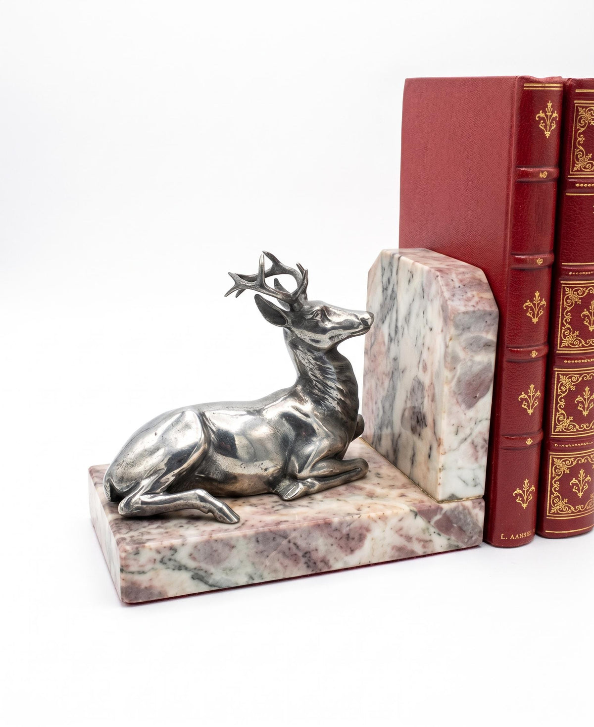 Antique French Silvered Bronze Stag Bookends on Marble Bases — French Animalier School, Early 20th Century