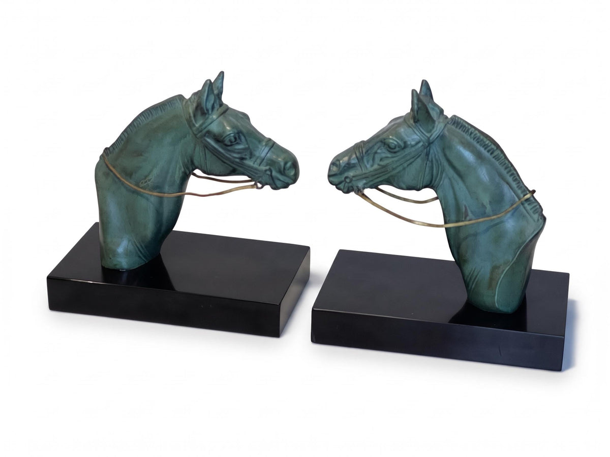 Antique French Art Deco Horse Head Bookends, Signed M. Leducq, Green Patina on Black Marble — France, circa 1930
