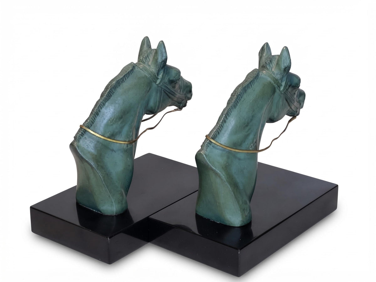 Antique French Art Deco Horse Head Bookends, Signed M. Leducq, Green Patina on Black Marble — France, circa 1930