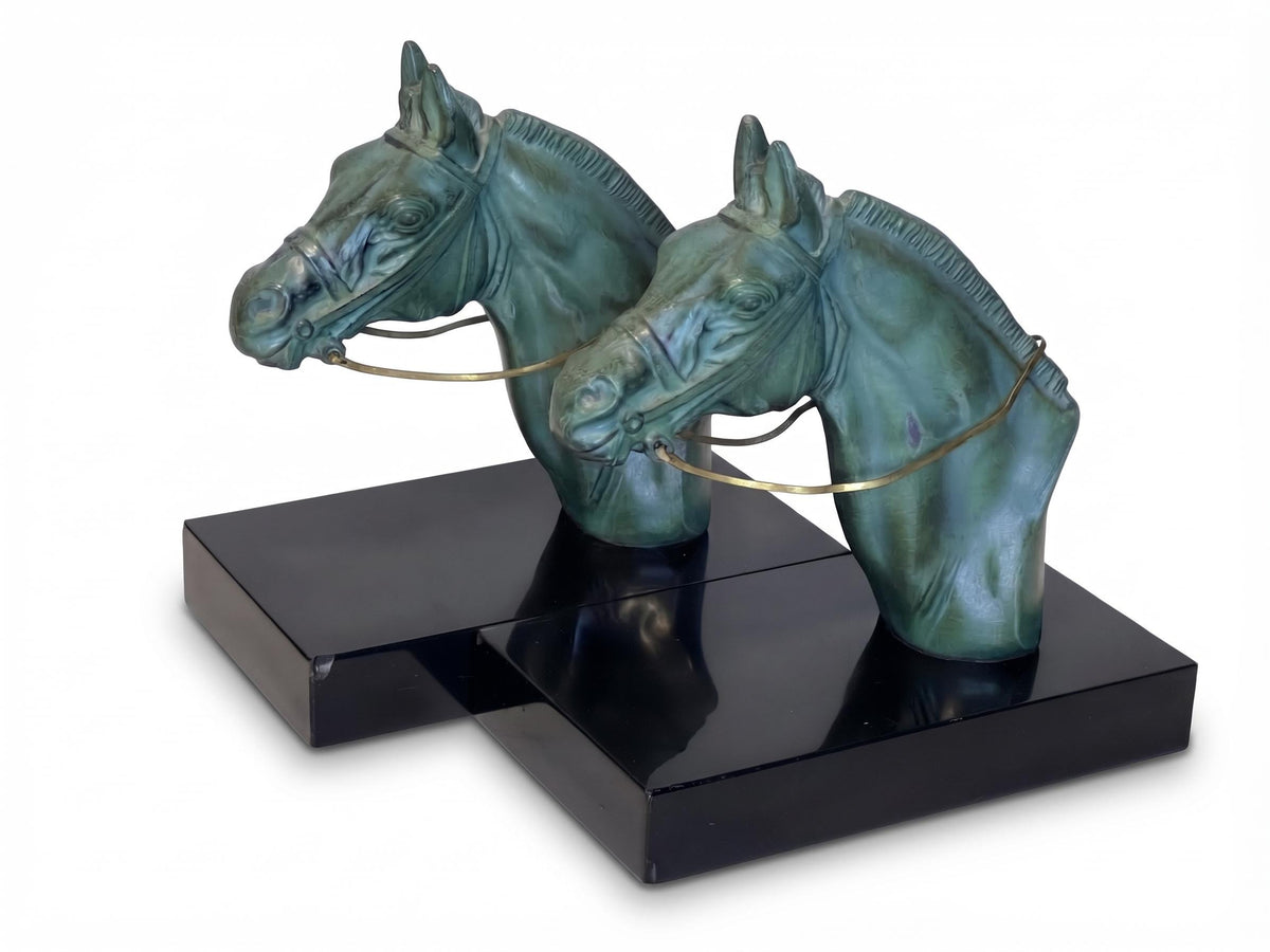 Antique French Art Deco Horse Head Bookends, Signed M. Leducq, Green Patina on Black Marble — France, circa 1930