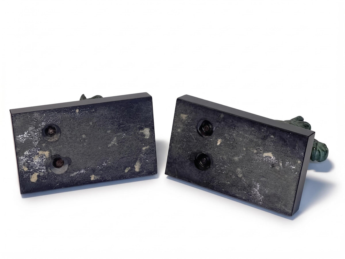 Antique French Art Deco Horse Head Bookends, Signed M. Leducq, Green Patina on Black Marble — France, circa 1930