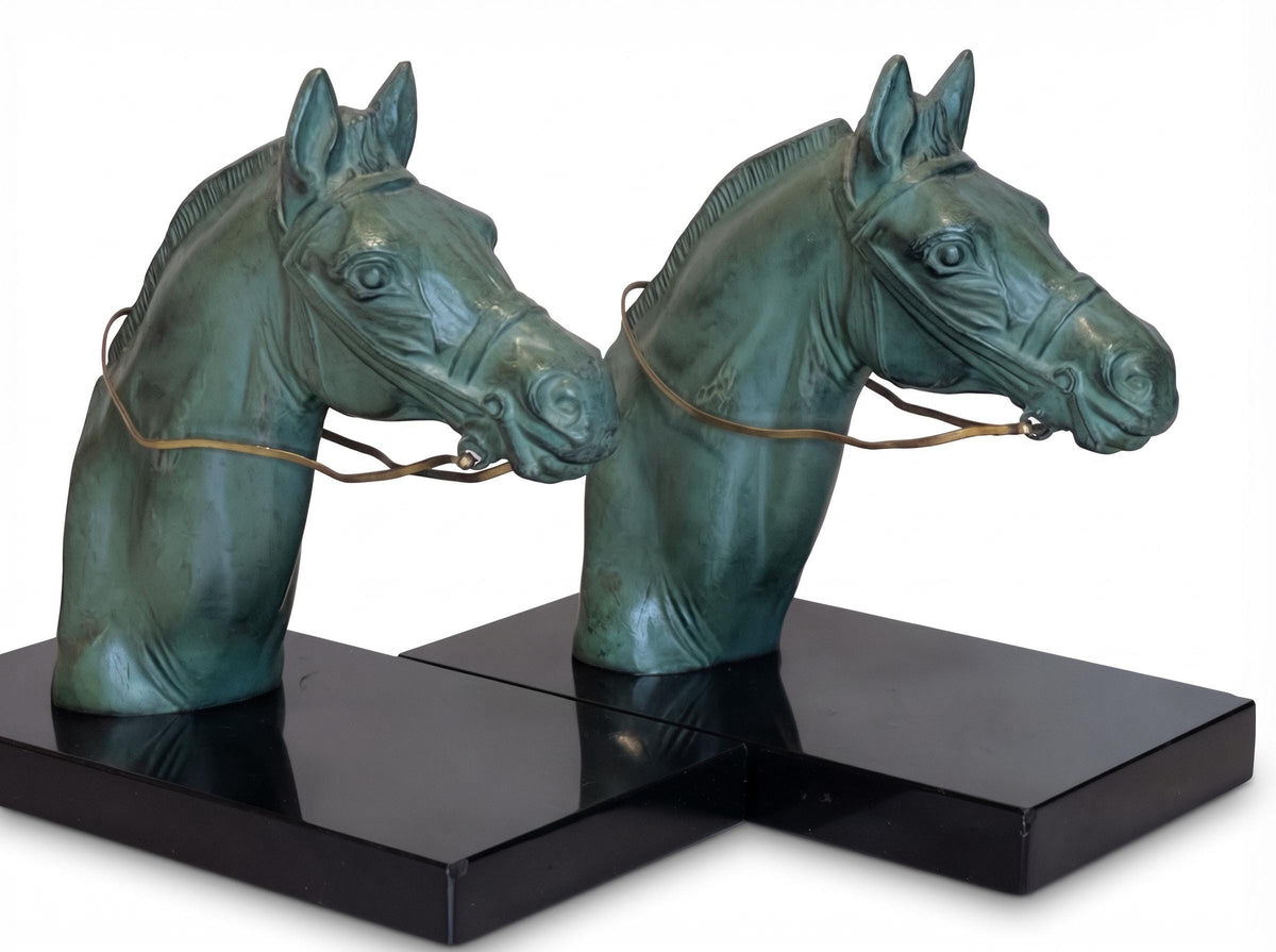 Antique French Art Deco Horse Head Bookends, Signed M. Leducq, Green Patina on Black Marble — France, circa 1930