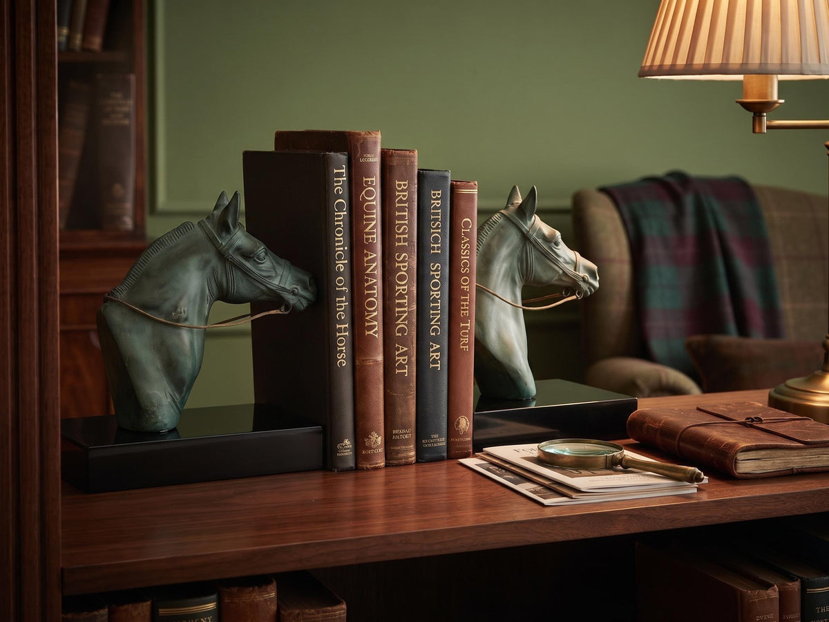 Antique French Art Deco Horse Head Bookends, Signed M. Leducq, Green Patina on Black Marble — France, circa 1930
