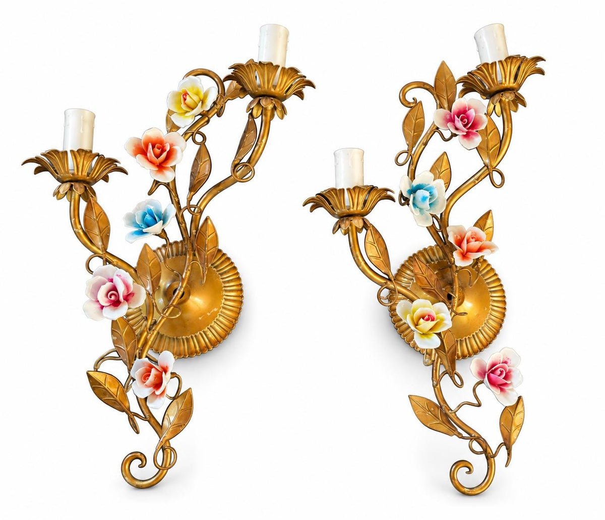 Pair of Italian Gilt Tole Wall Sconces, Porcelain Rose Flowers, Two Arm — Italy, circa 1960