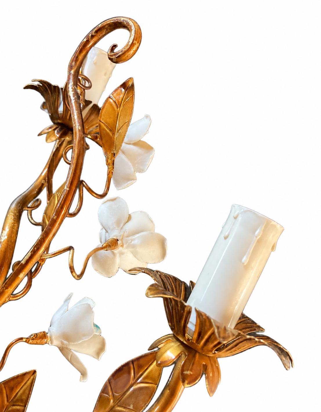 Pair of Italian Gilt Tole Wall Sconces, Porcelain Rose Flowers, Two Arm — Italy, circa 1960