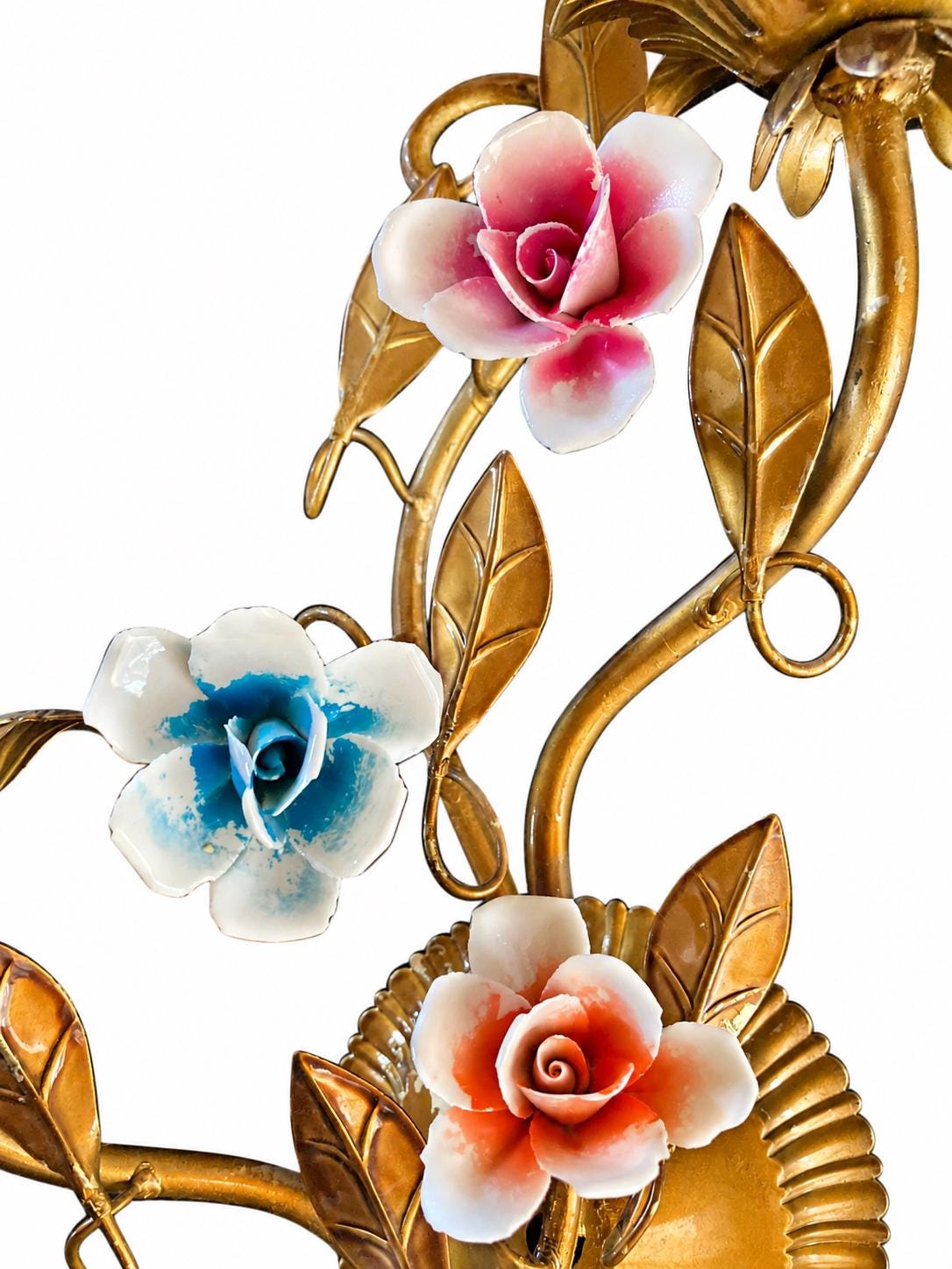 Pair of Italian Gilt Tole Wall Sconces, Porcelain Rose Flowers, Two Arm — Italy, circa 1960