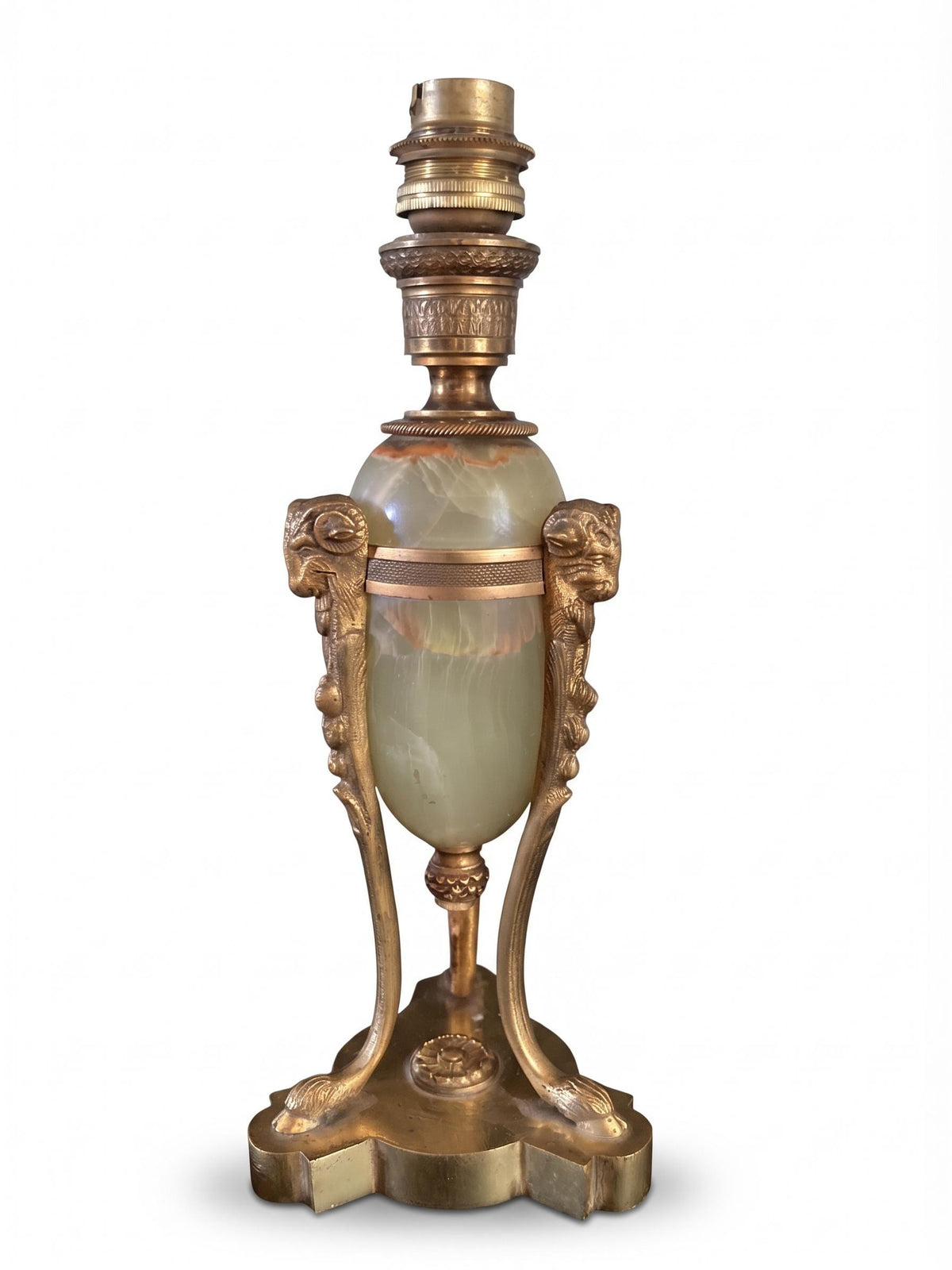 Antique French Empire Style Bronze and Onyx Table Lamp, Athénienne with Ram's Head Mounts — France, Early 20th Century
