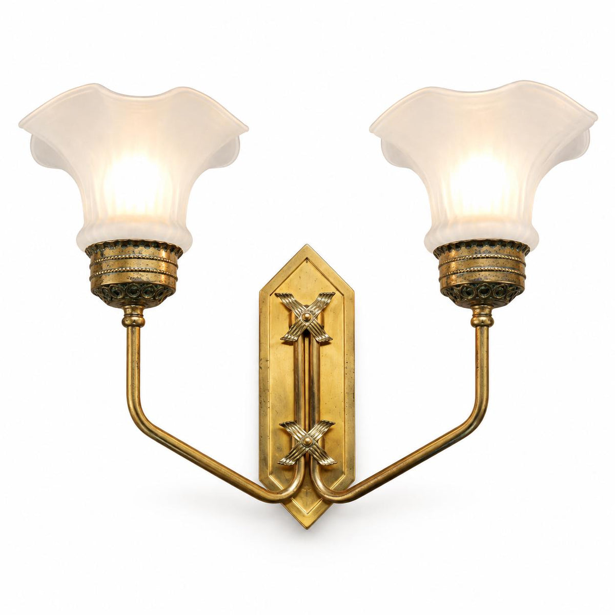 Set of Five German Art Deco Brass Wall Sconces, PE Stamped, Frosted Glass Shades — Hamburg, circa 1930