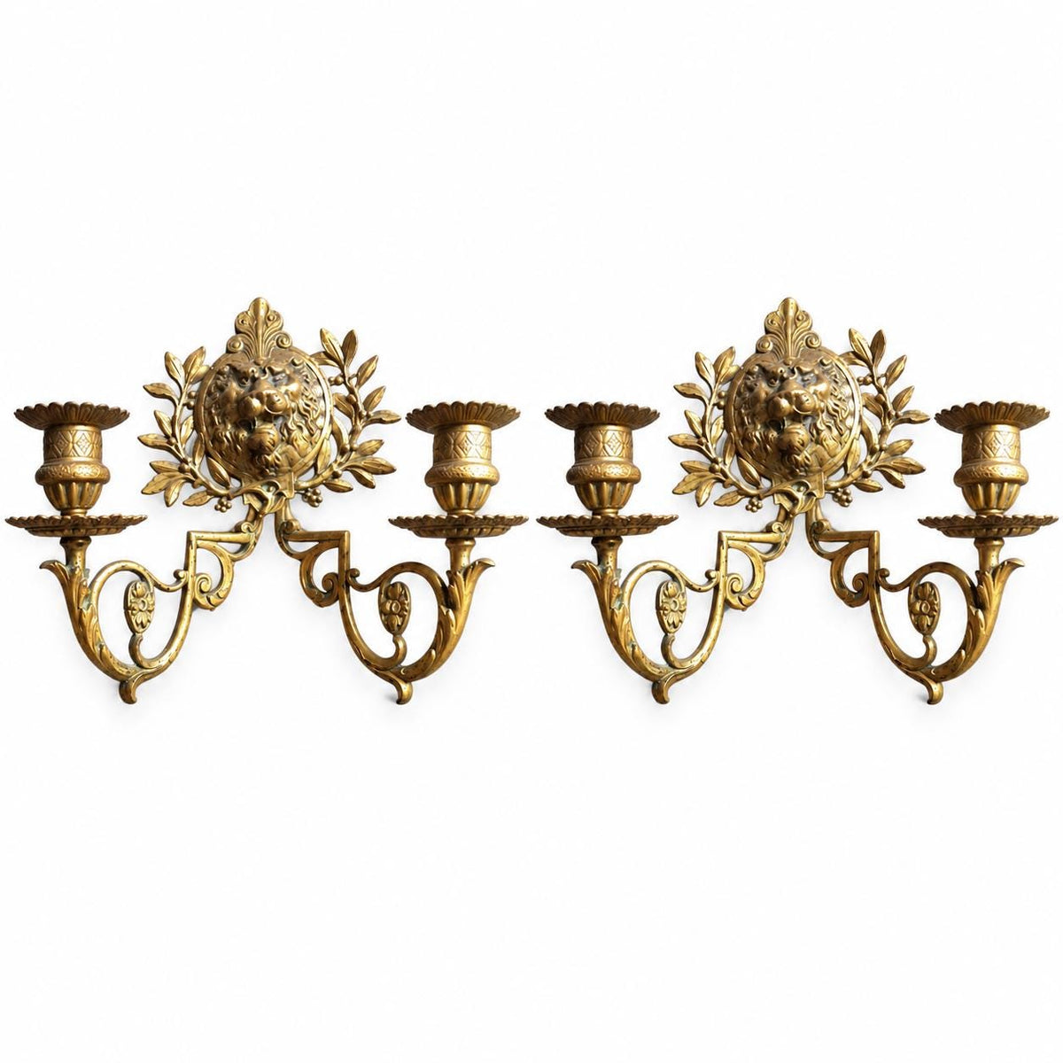 Pair of Antique French Bronze Wall Sconces, Renaissance Style Lion Mask and Wreath — France, 19th Century