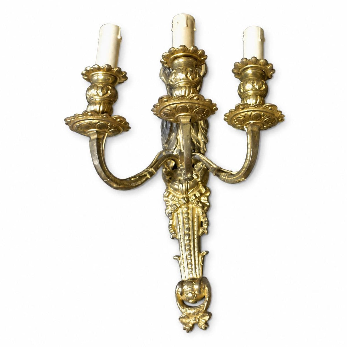 Pair of Antique French Gilt Bronze Three-Arm Wall Sconces, Louis XVI Style — France, 19th Century