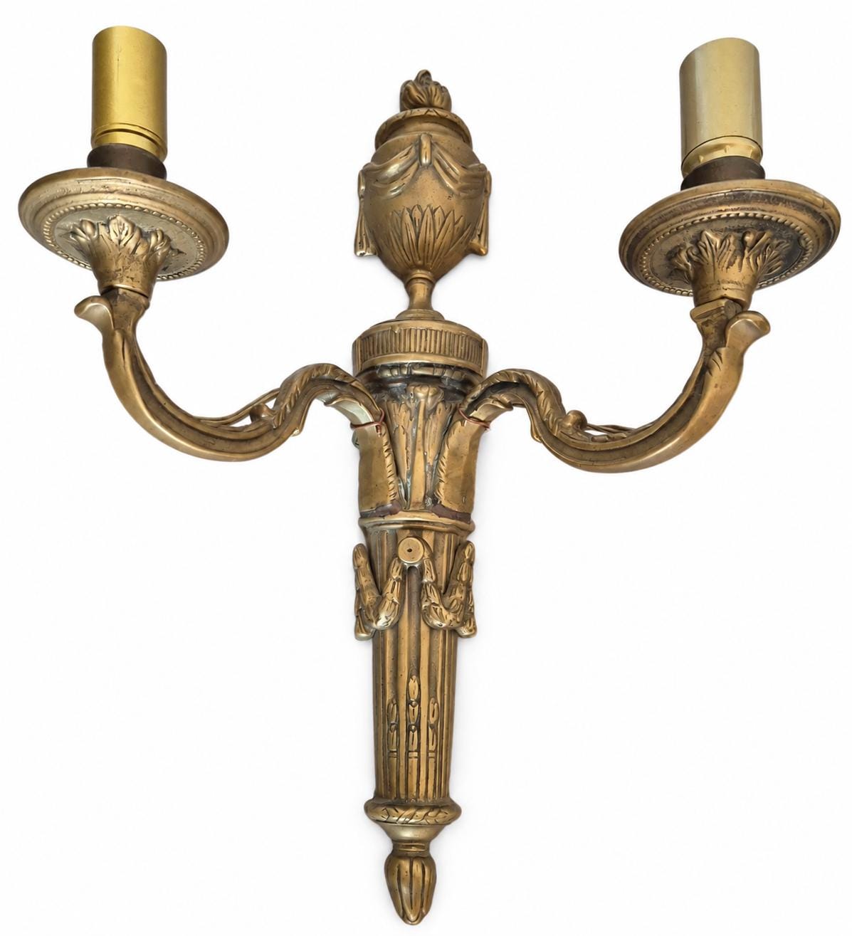 Pair of Antique French Bronze Two-Arm Wall Sconces, Louis XVI Quiver and Urn — France, Early 20th Century