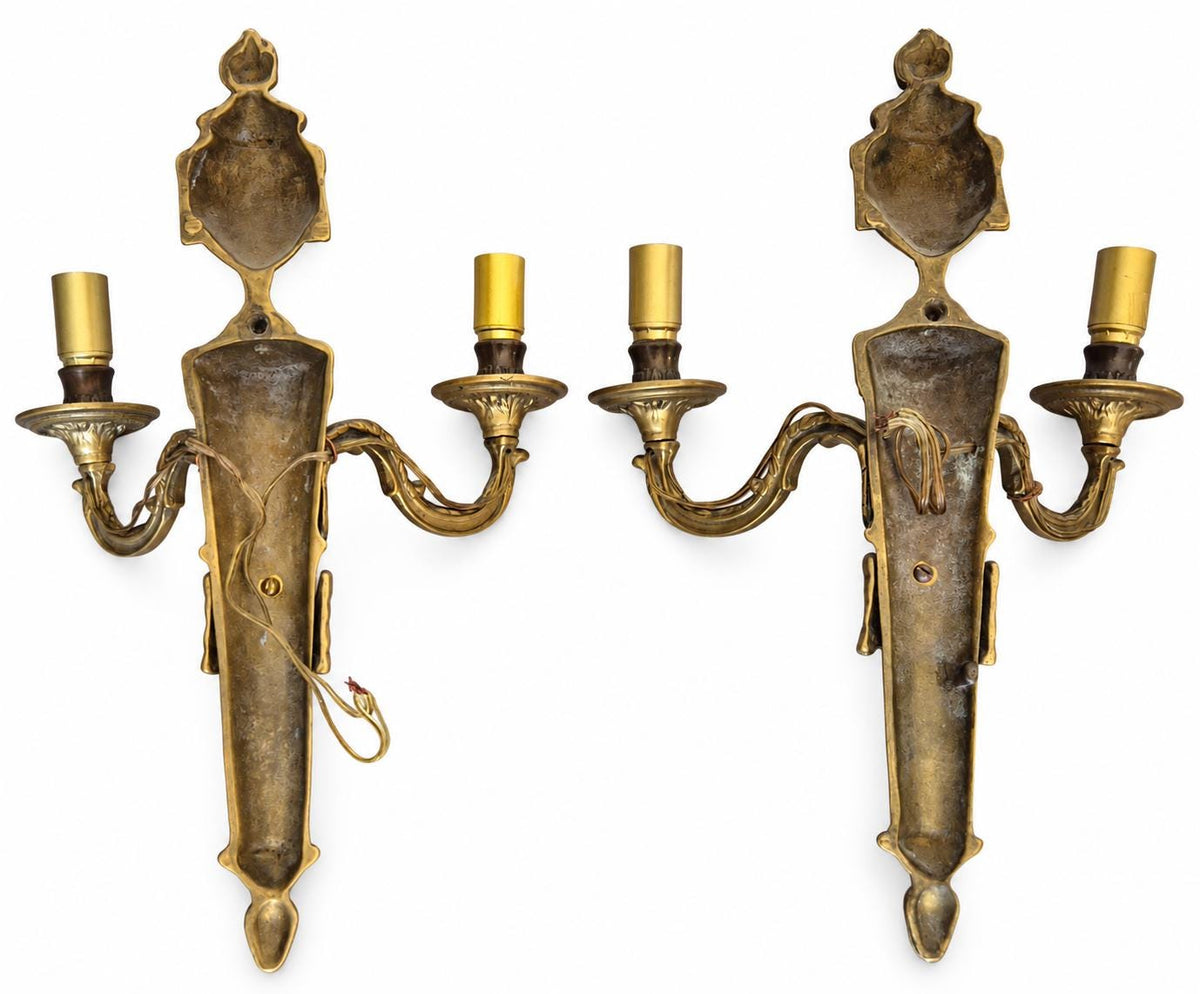 Pair of Antique French Bronze Two-Arm Wall Sconces, Louis XVI Quiver and Urn — France, Early 20th Century