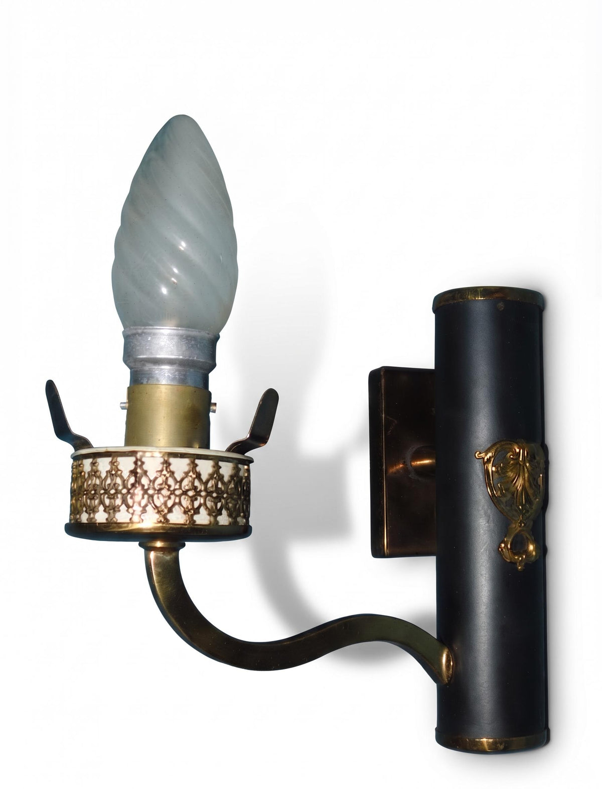 Mirrored Wall Sconces Pair, Black and Brass Sconces with Striped Frosted Glass Flames — French, 1950s–60s