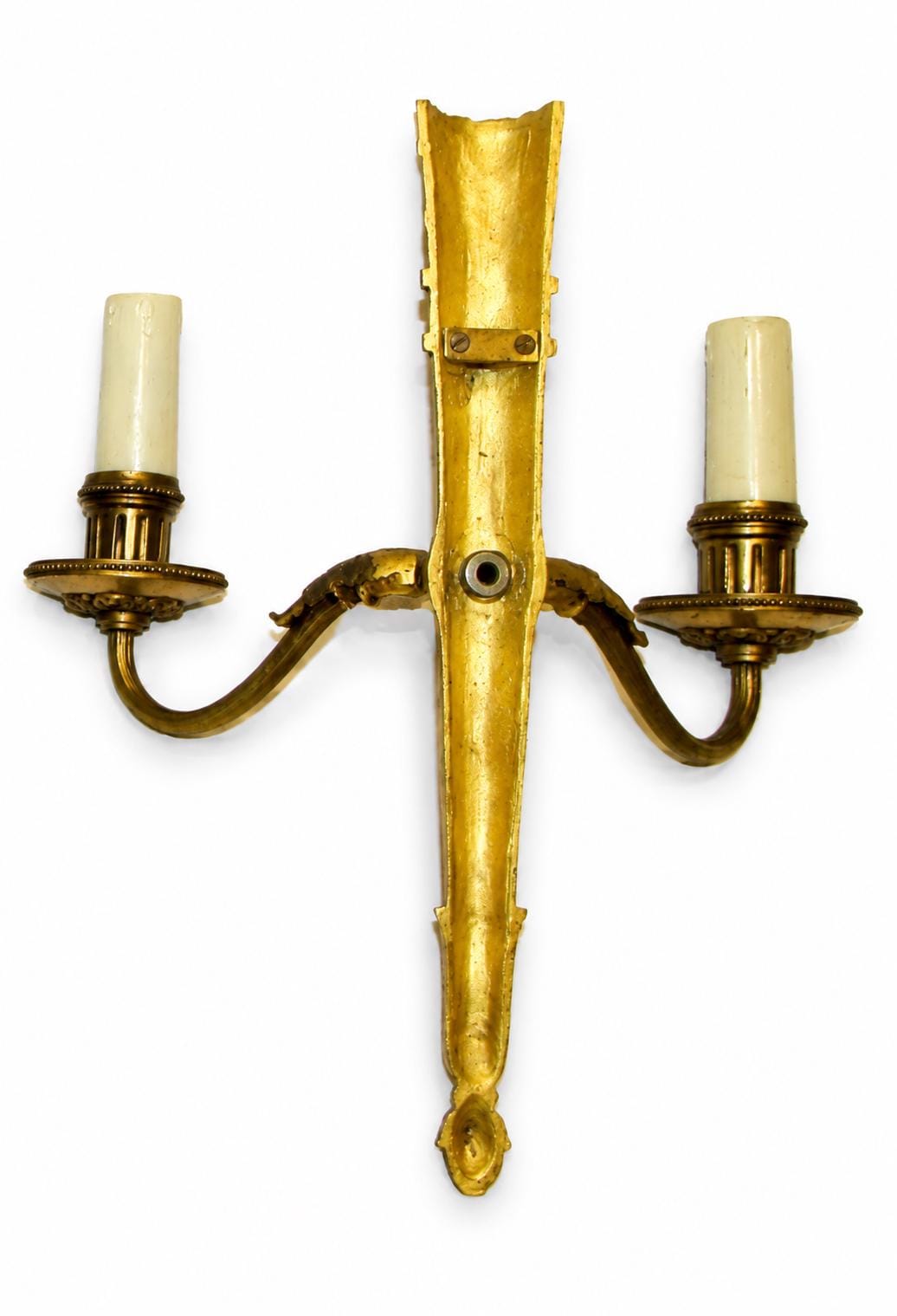Louis XVI Style Wall Sconces Pair, Gilt Metal Quiver Sconces with Two Arms — French, 20th Century