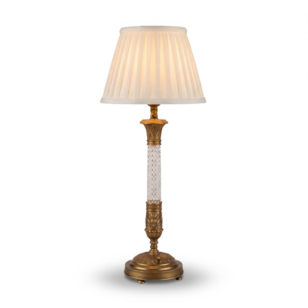 Empire Style Table Lamp, Gilt Metal and Cut Glass Column Lamp with Classical Faces on Marble — French Style