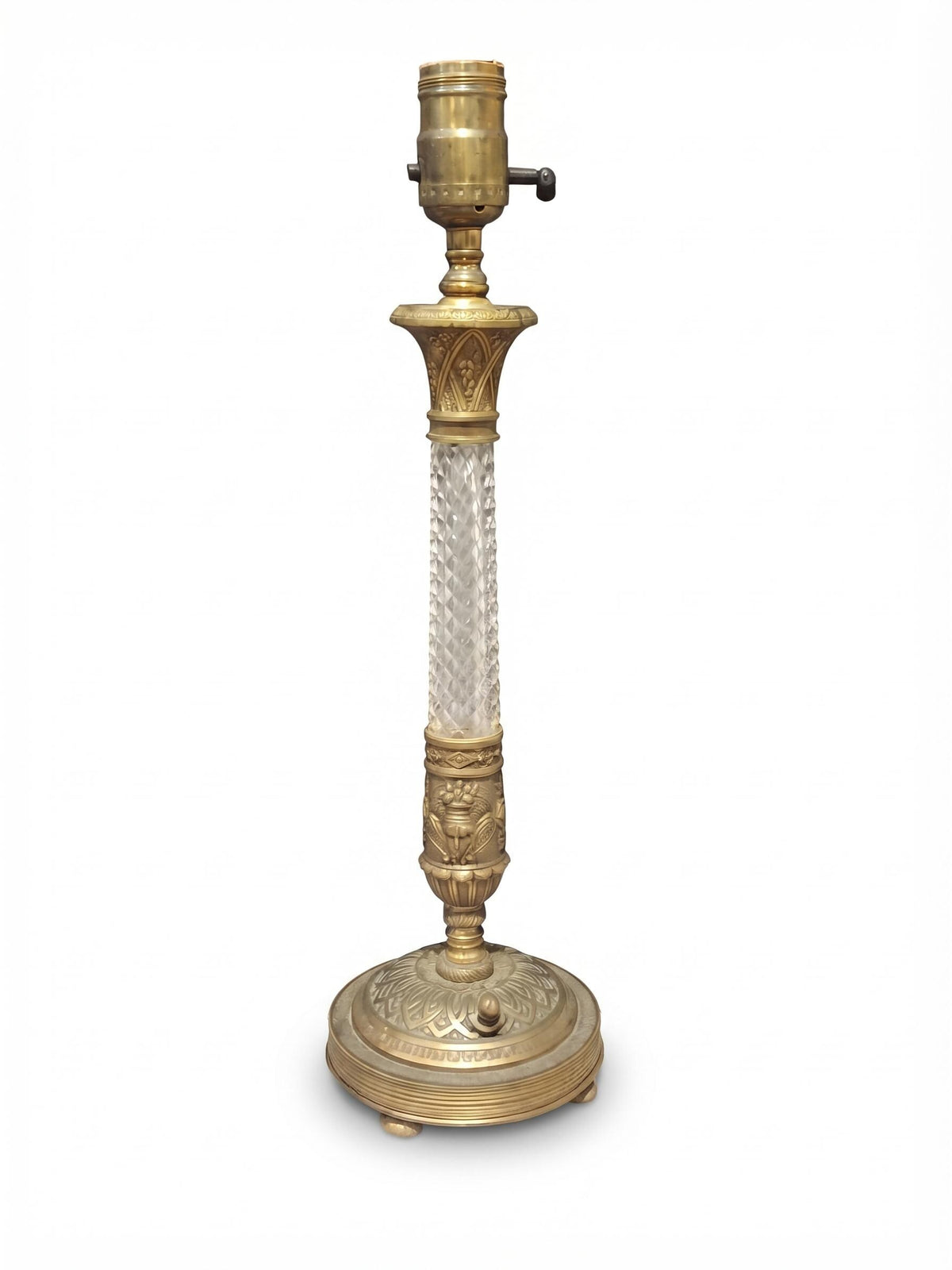 Empire Style Table Lamp, Gilt Metal and Cut Glass Column Lamp with Classical Faces on Marble — French Style
