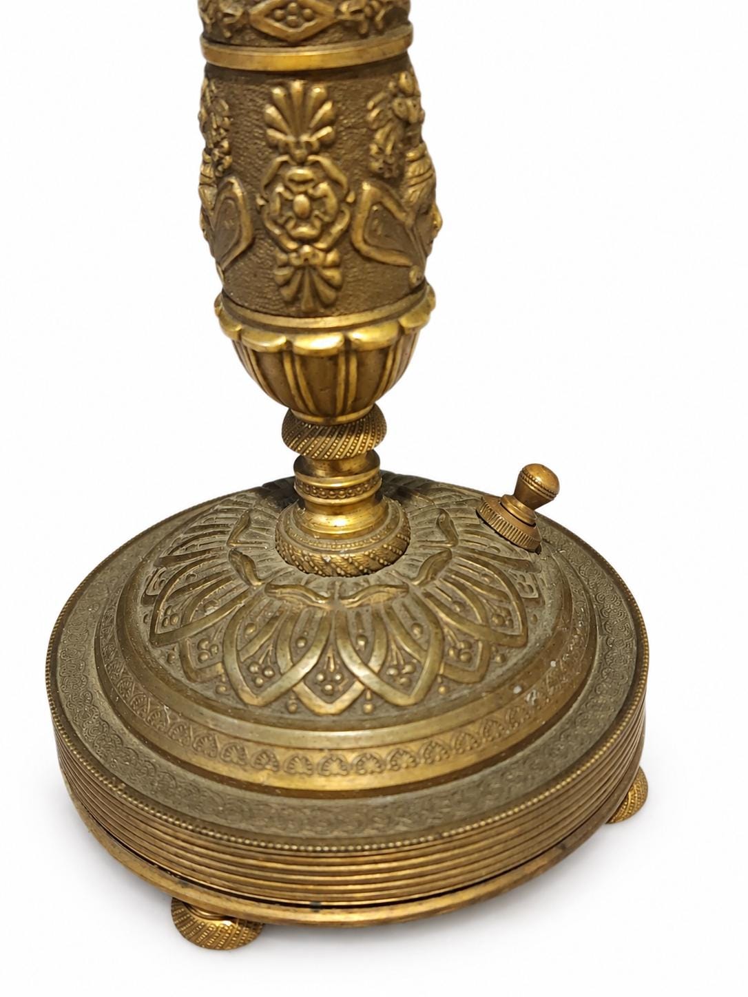Empire Style Table Lamp, Gilt Metal and Cut Glass Column Lamp with Classical Faces on Marble — French Style