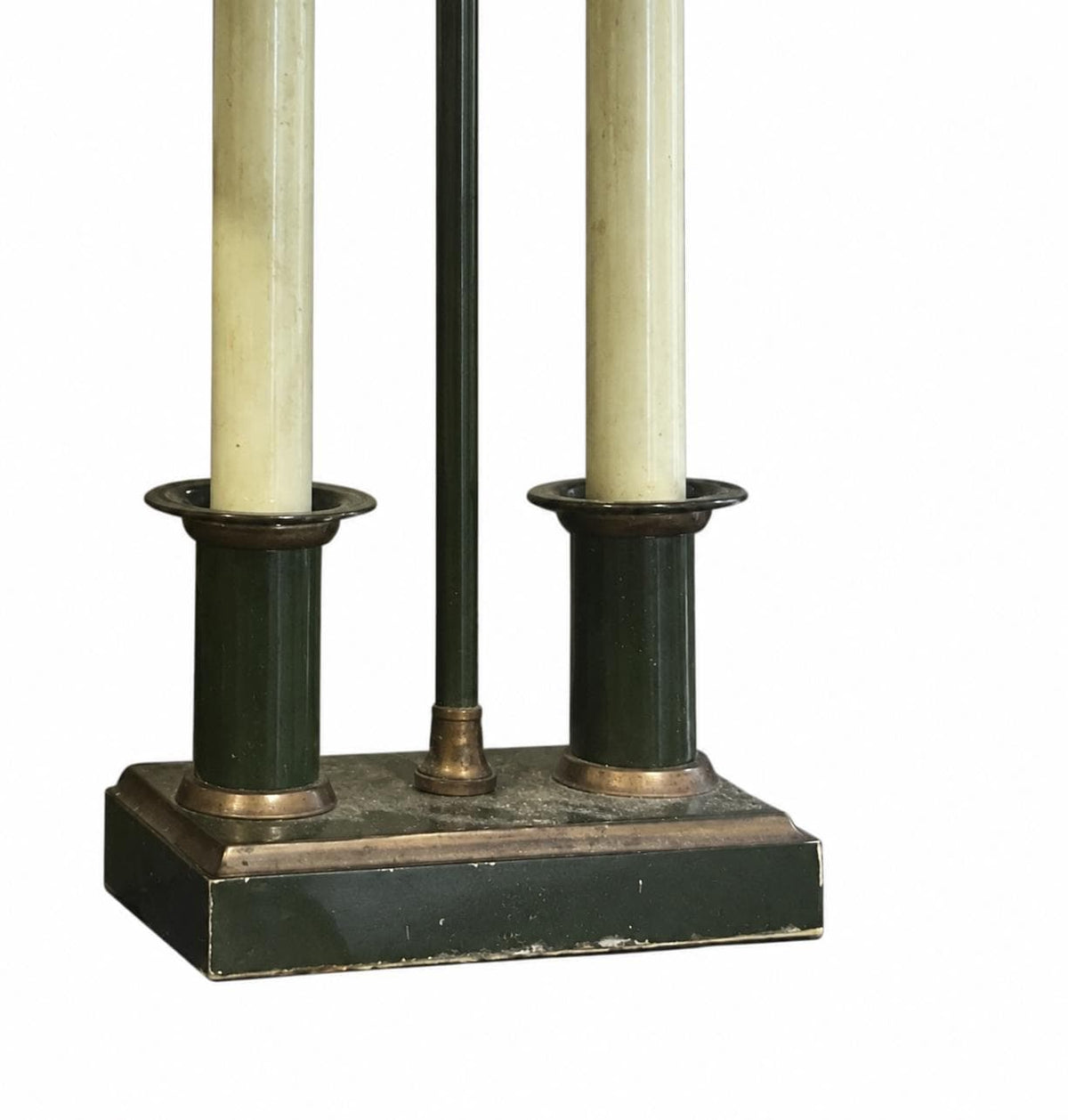 Empire Style Table Lamps Pair, Twin Light Green Tole Lamps with Painted Laurel Shades — French Style