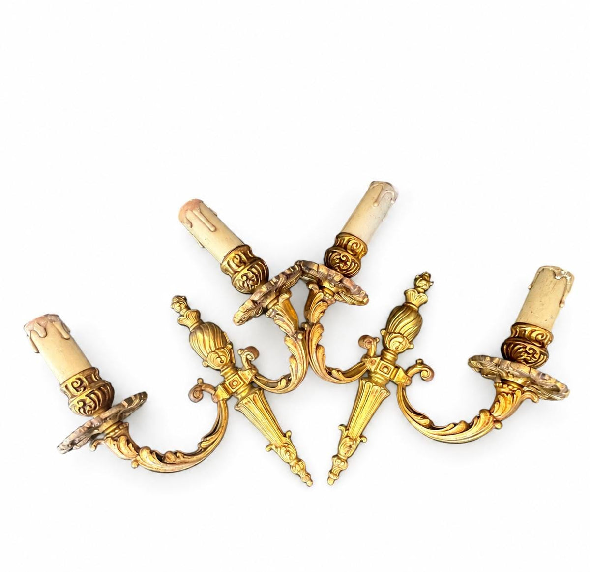 Petitot Wall Sconces Pair, Signed Louis XV Style Gilt Bronze Single Arm Sconces — French, Circa 1960