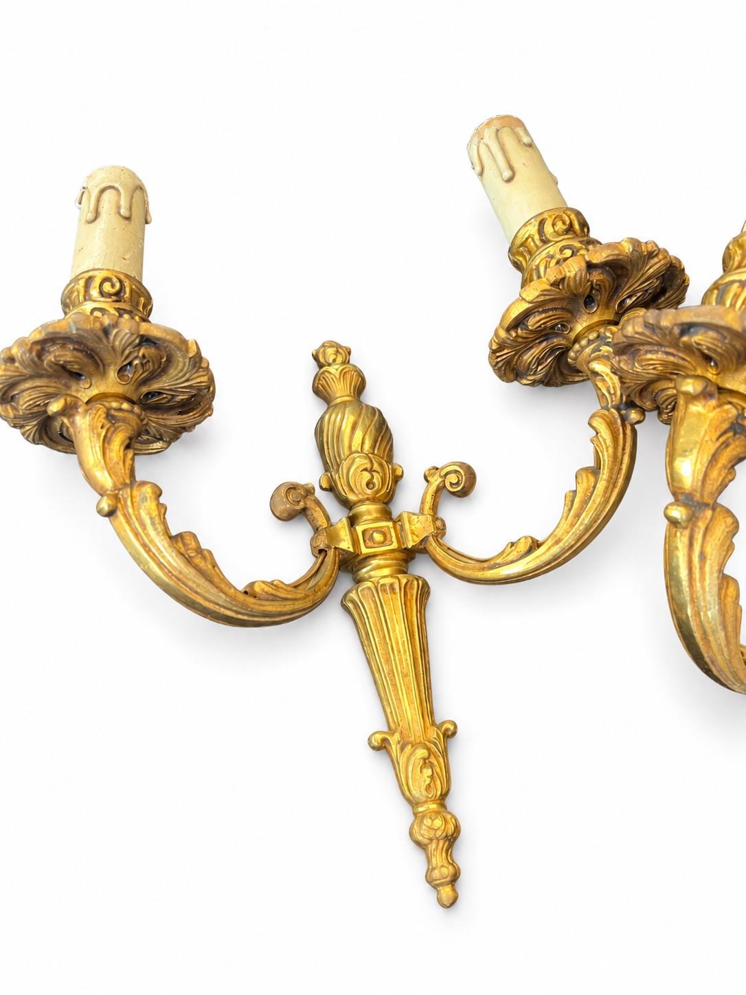 Petitot Wall Sconces Pair, Signed Louis XV Style Gilt Bronze Single Arm Sconces — French, Circa 1960