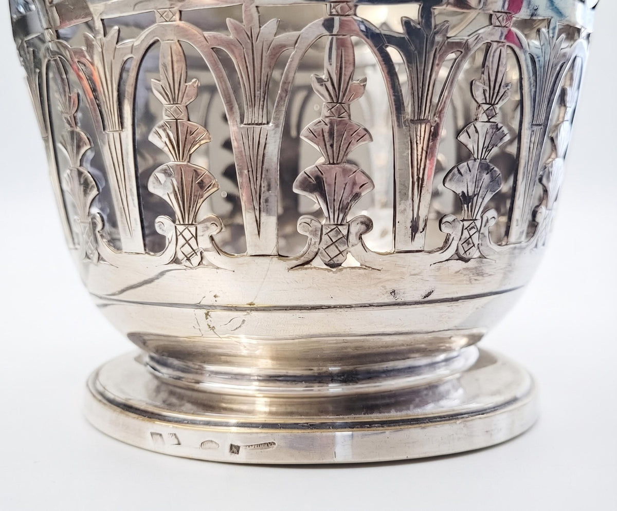 Antique French Pierced Silvered Metal Swing-Handle Basket — Openwork Sugar or Bonbon Basket, Neoclassical Arcade Decor