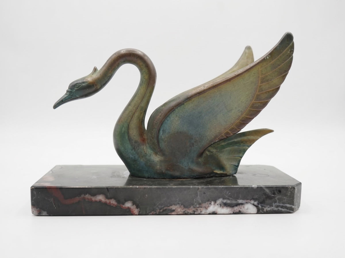 Antique French Art Deco Swan Bookends, circa 1930 — Pair of Patinated Metal Swans on Marble Bases, Stamped Made in France