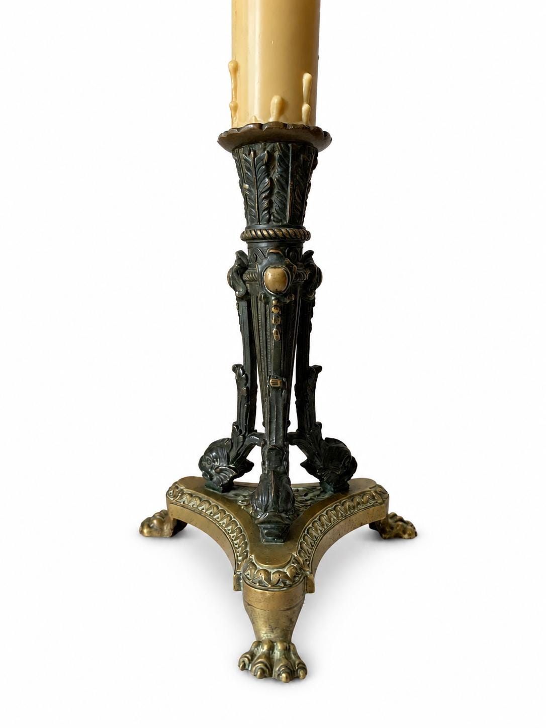 Empire-Style Patinated and Gilt Metal Table Lamp, Dolphin Tripod on Lion-Paw Base, Converted Candelabra