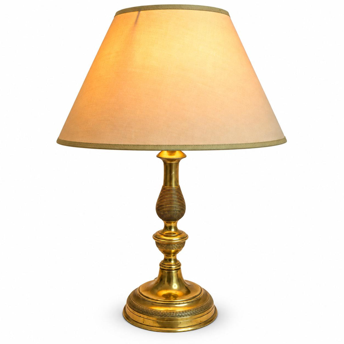 Empire-Style Gilt Metal Table Lamp, Turned and Ribbed Column, Beige Conical Shade Included