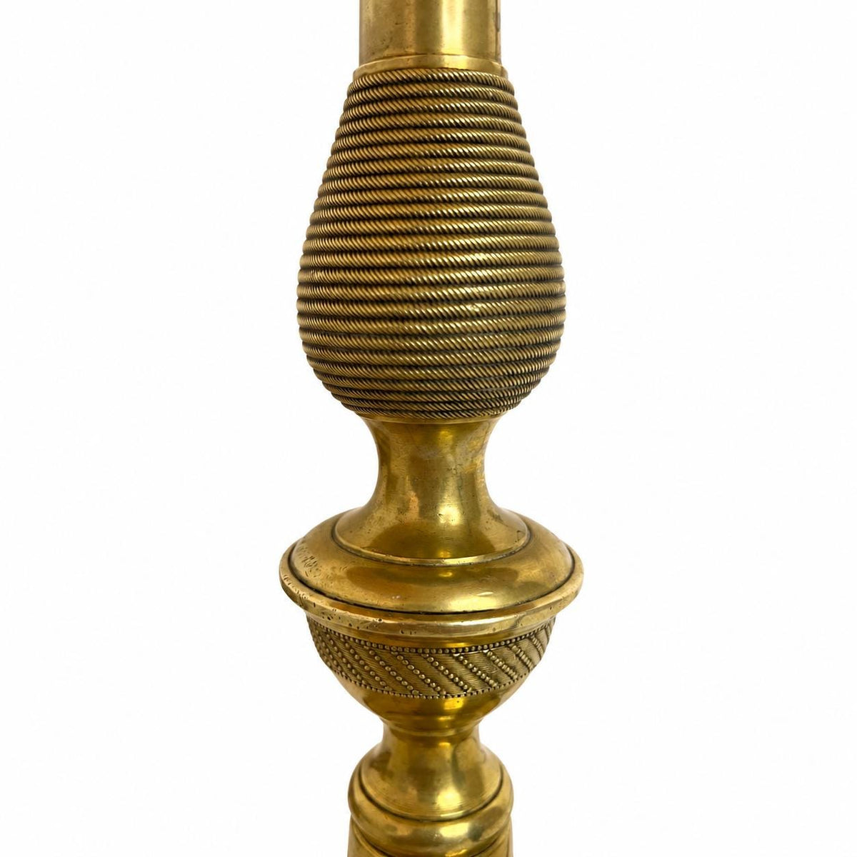 Empire-Style Gilt Metal Table Lamp, Turned and Ribbed Column, Beige Conical Shade Included