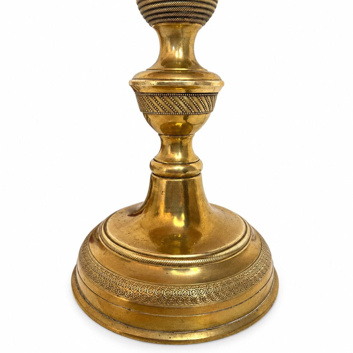 Empire-Style Gilt Metal Table Lamp, Turned and Ribbed Column, Beige Conical Shade Included