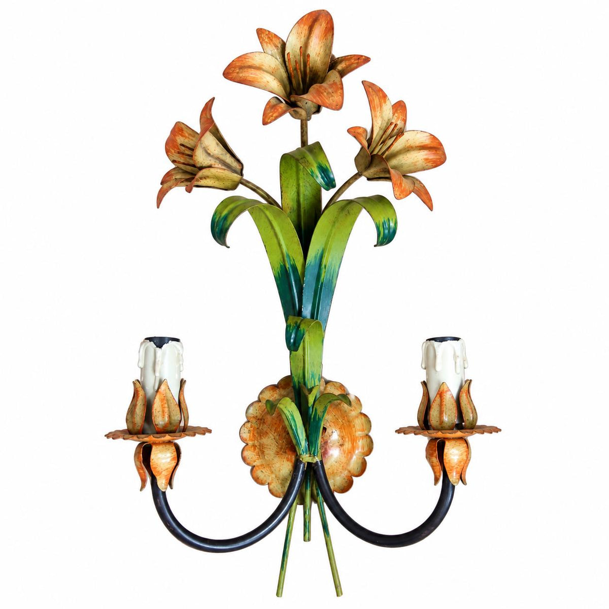 Pair of Painted Tole and Wrought Metal Wall Sconces, Floral and Foliate Two-Light Design