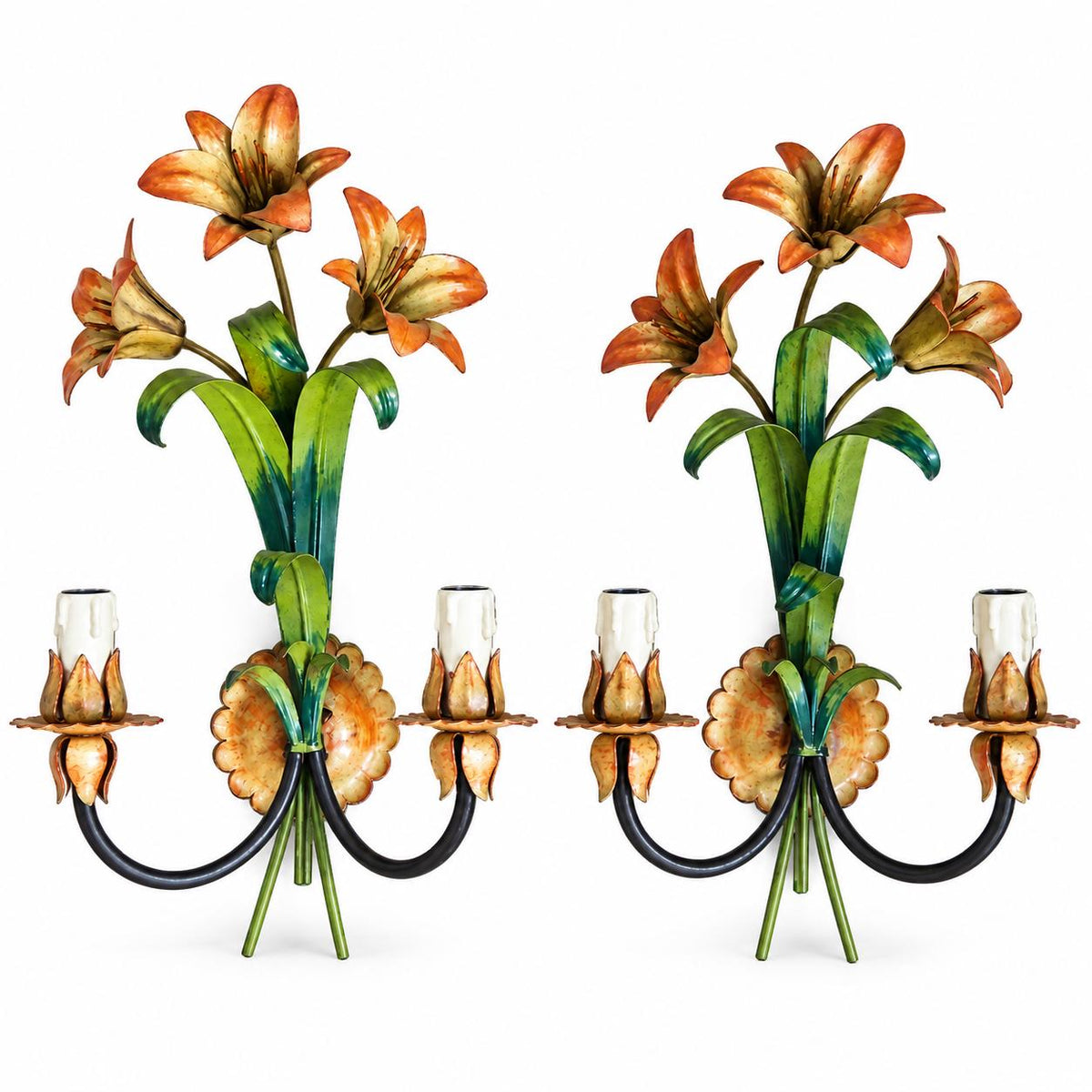Pair of Painted Tole and Wrought Metal Wall Sconces, Floral and Foliate Two-Light Design