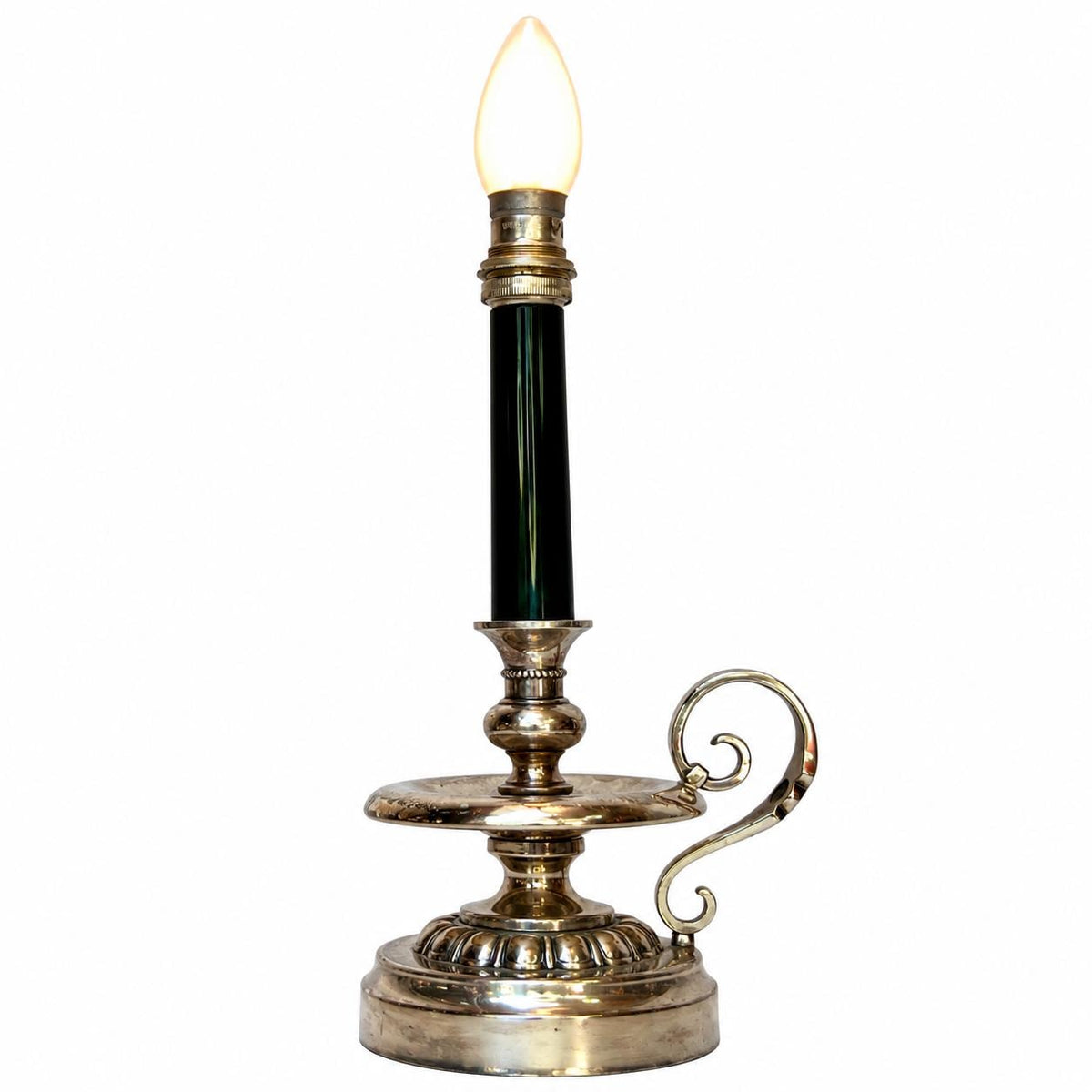 Silvered Metal Candlestick-Form Table Lamp, Scrolled Handle, Beaded and Gadrooned Detail