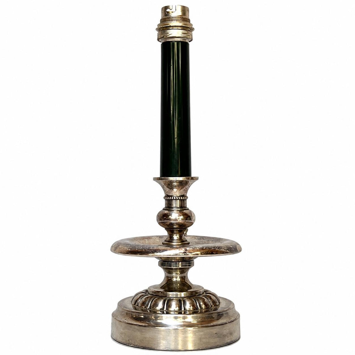 Silvered Metal Candlestick-Form Table Lamp, Scrolled Handle, Beaded and Gadrooned Detail