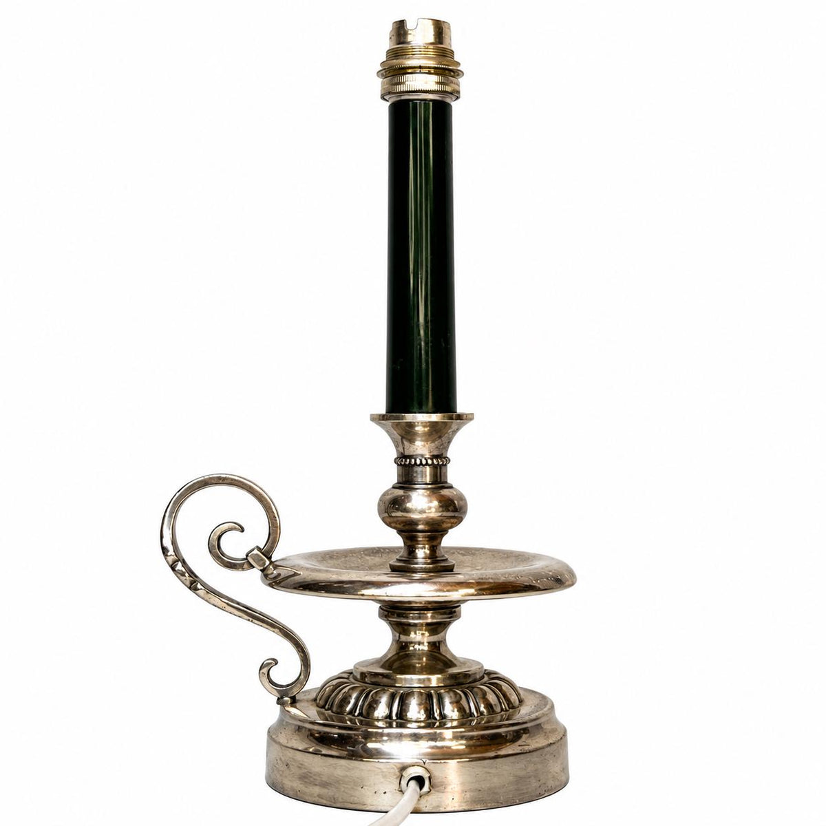 Silvered Metal Candlestick-Form Table Lamp, Scrolled Handle, Beaded and Gadrooned Detail