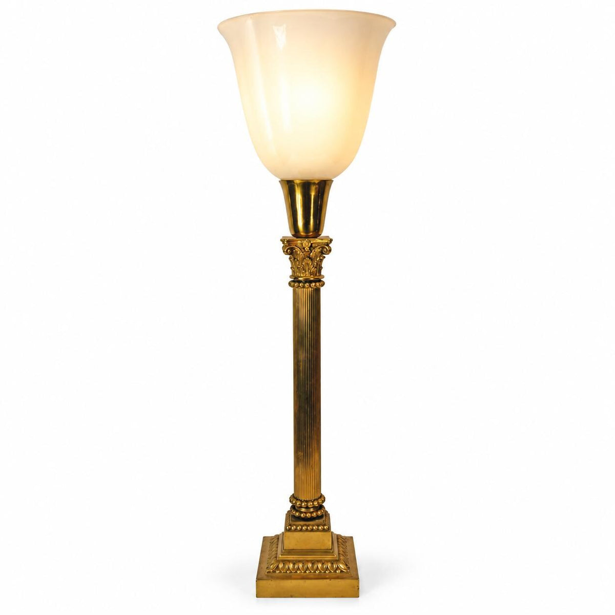 Gilt Metal Corinthian Column Lamp, White Opaline Glass Torchère Shade