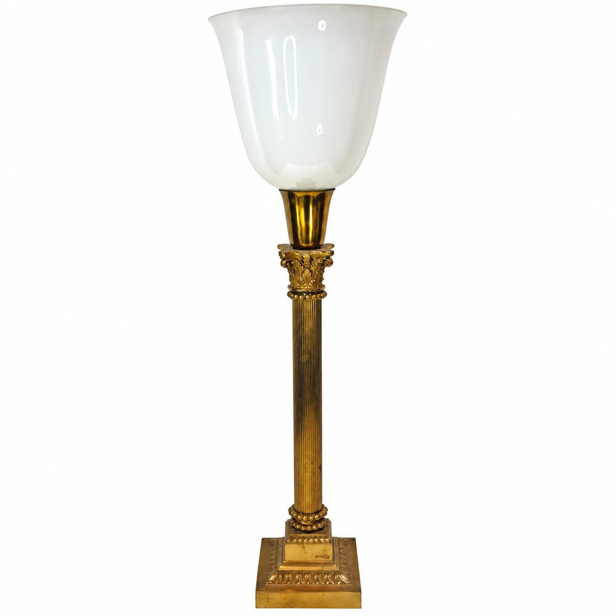 Gilt Metal Corinthian Column Lamp, White Opaline Glass Torchère Shade