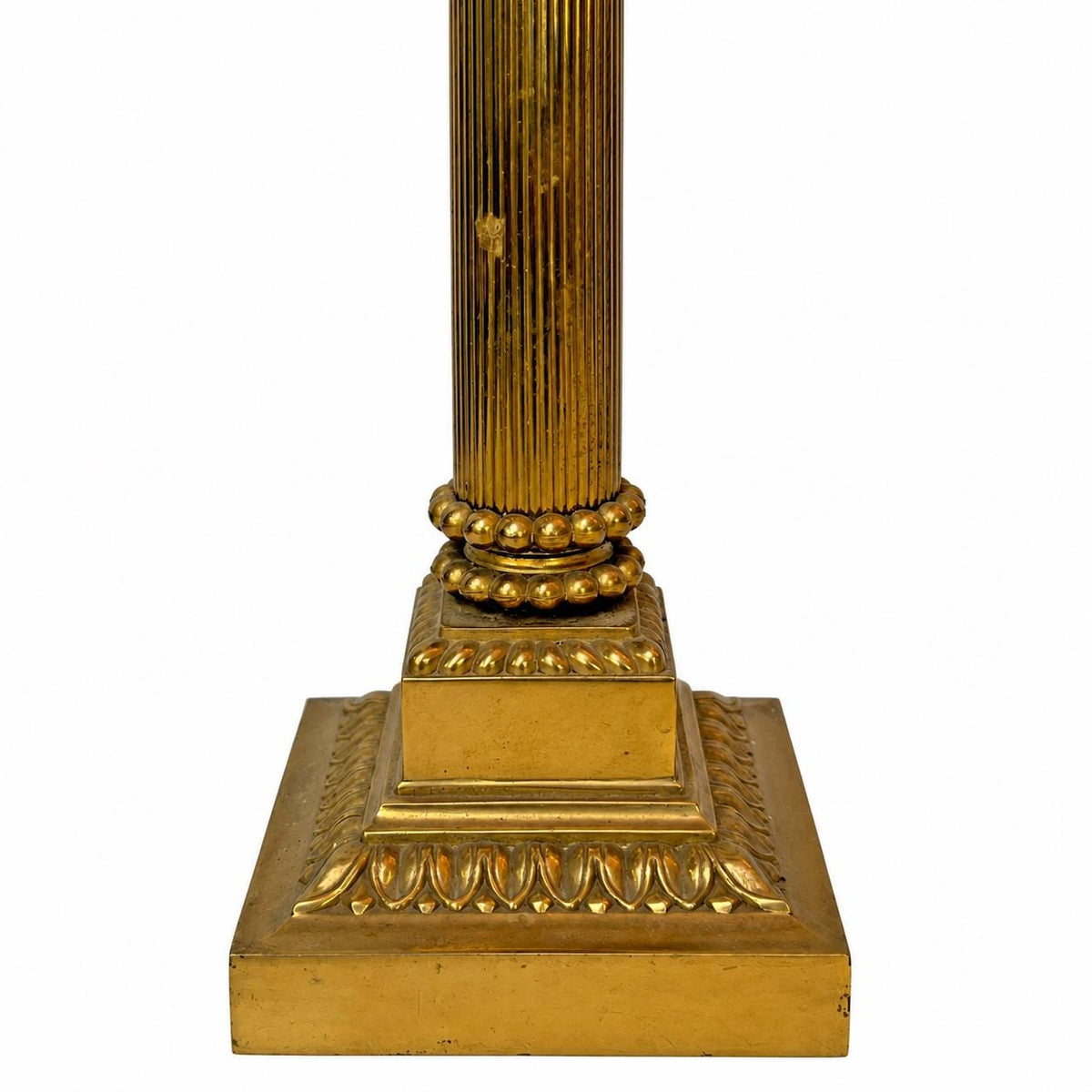 Gilt Metal Corinthian Column Lamp, White Opaline Glass Torchère Shade