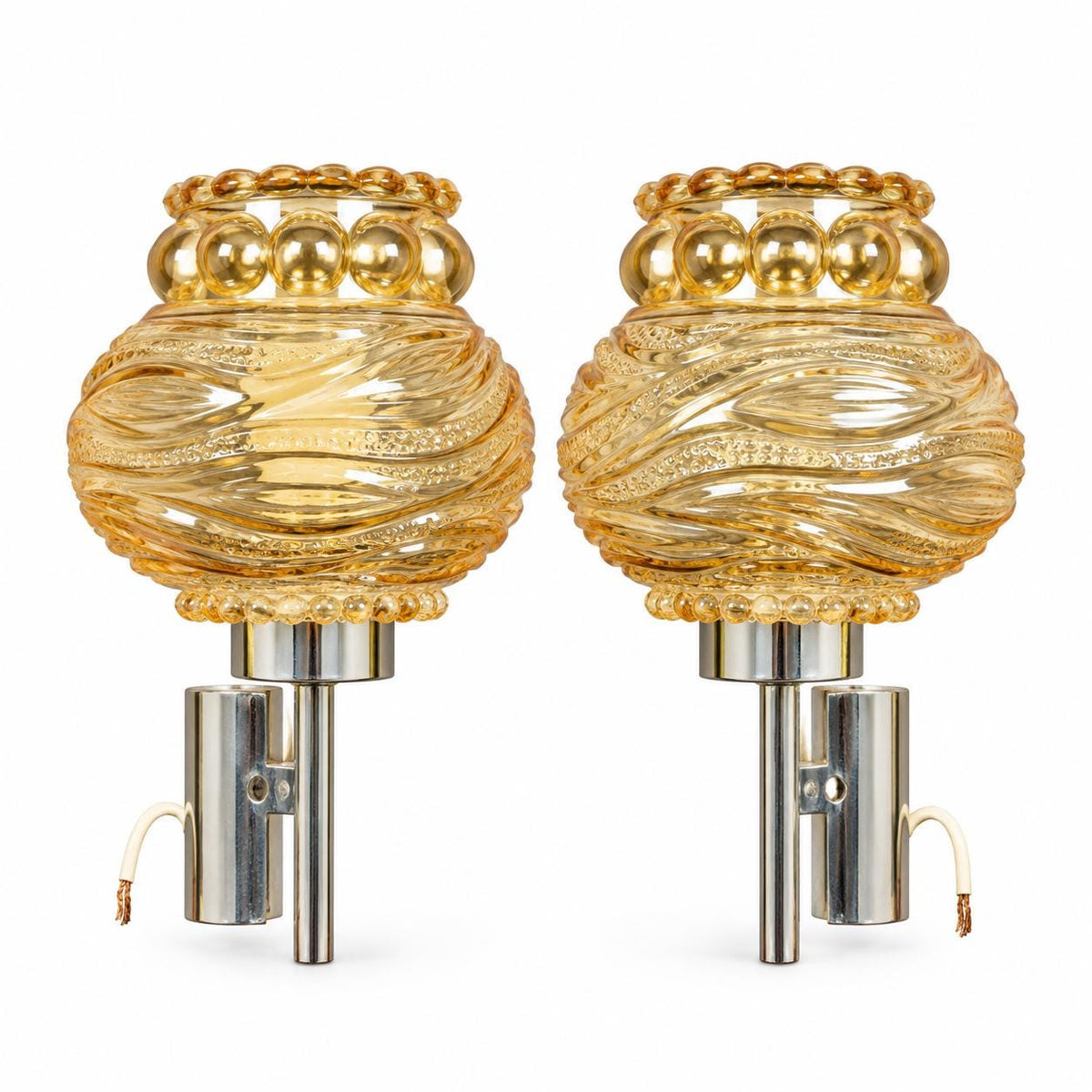 Pair of Amber Ribbed Glass Globe Wall Sconces, Chrome Fittings, 1970s Design