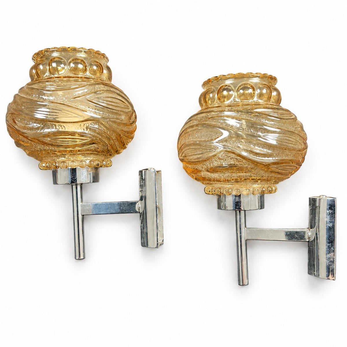 Pair of Amber Ribbed Glass Globe Wall Sconces, Chrome Fittings, 1970s Design
