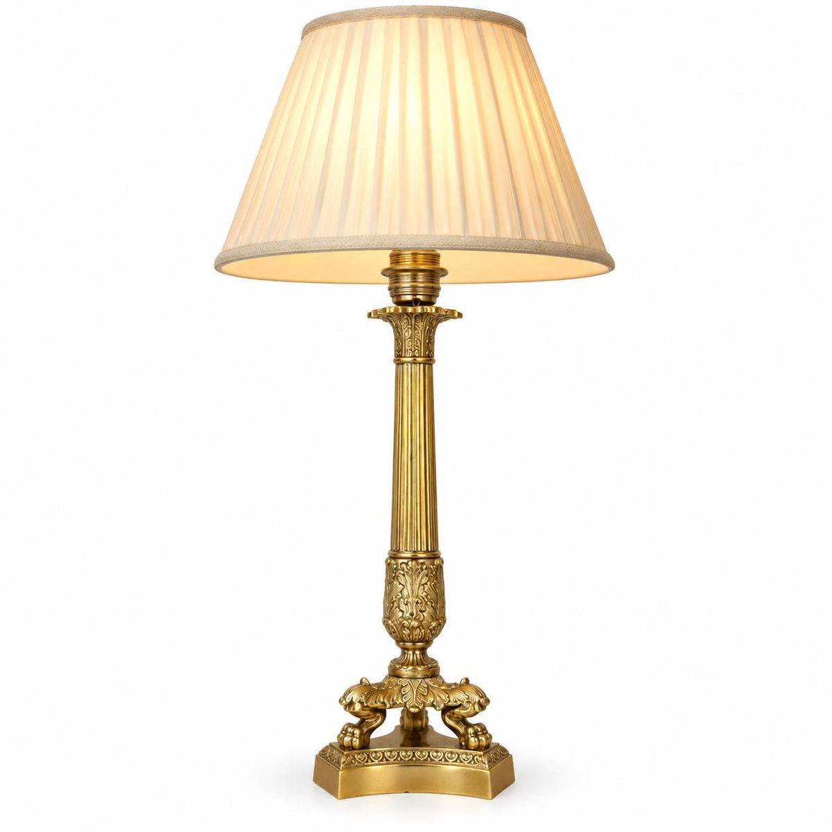 Gilt Metal Corinthian Column Table Lamp, Fluted Shaft, Empire Style Figural Base